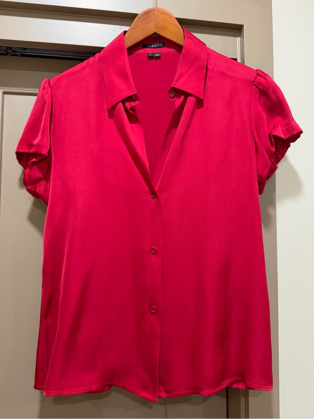 Theory Short Sleeve Red Button Front Blouse